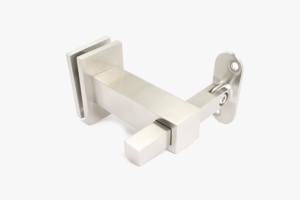 Adjustable square line glass to square tube handrail bracket - Brushed stainless steel